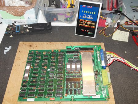 Frogger game PCB on the bench
