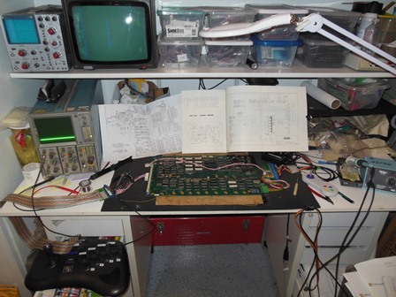 Galaxia game PCB on the bench