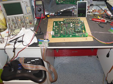 The Invaders game PCB on the bench