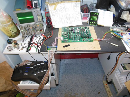 The Invaders game PCB on the bench