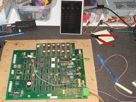 The Invaders game PCB on the bench