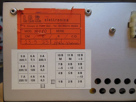 IGR elettronica M1010 power supply label
